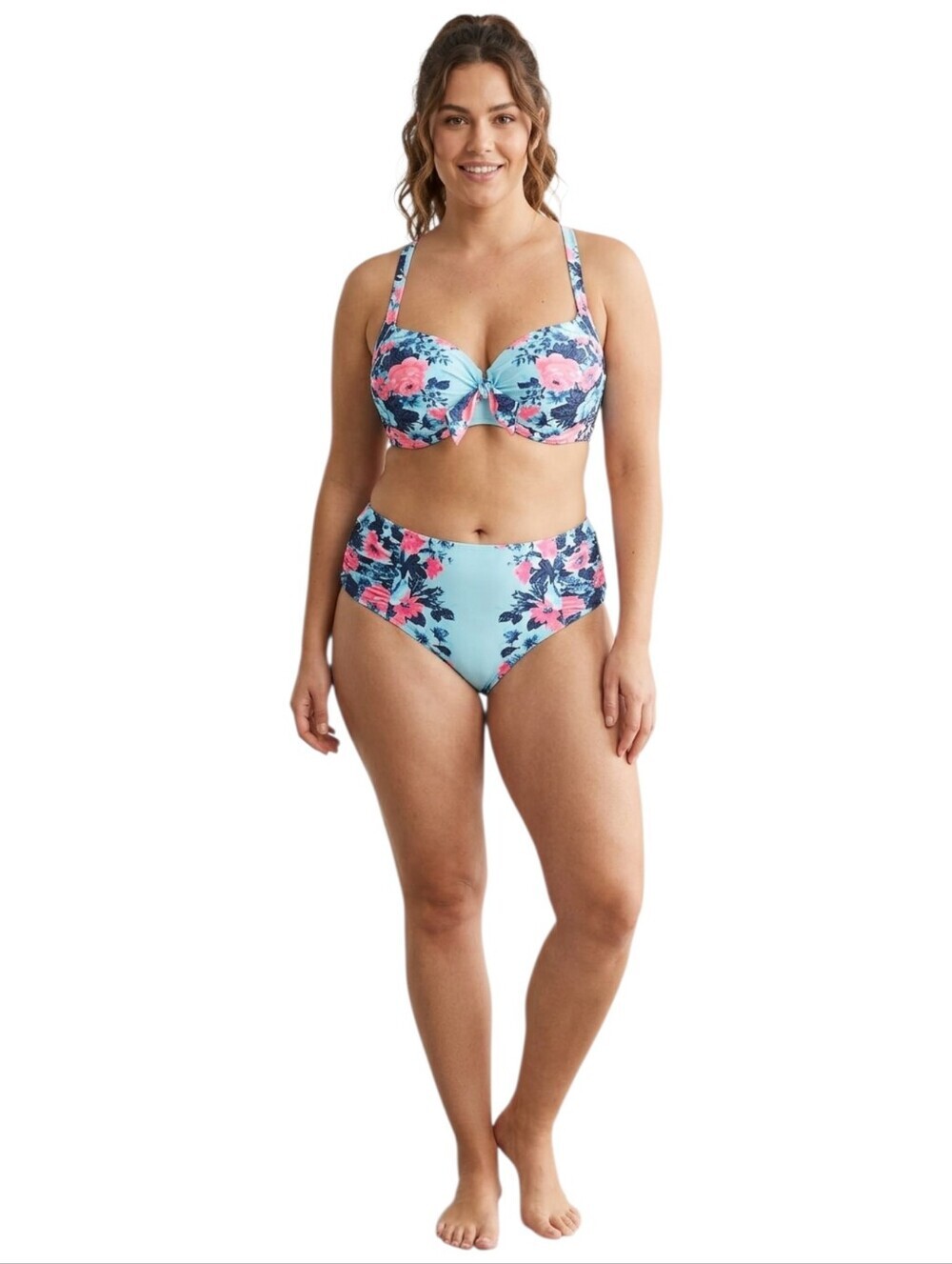 Seafolly Floral High-Waisted Push Up Bikini Set - Blue & Pink Size 12